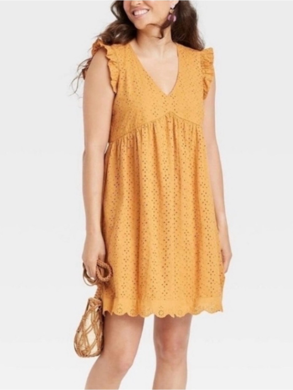 Knox Rose Mustard Yellow Eyelet Ruffle boho cottage core festival Mini Dress